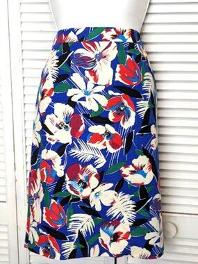 J. Crew Hawaiian Floral Pencil Skirt Sz 8 Blue Red Basketweave like Cotton